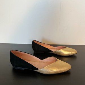 Malababa Dubai Two-Tone Gold & Black Leather Skimmer Flats  - Size 7.5
